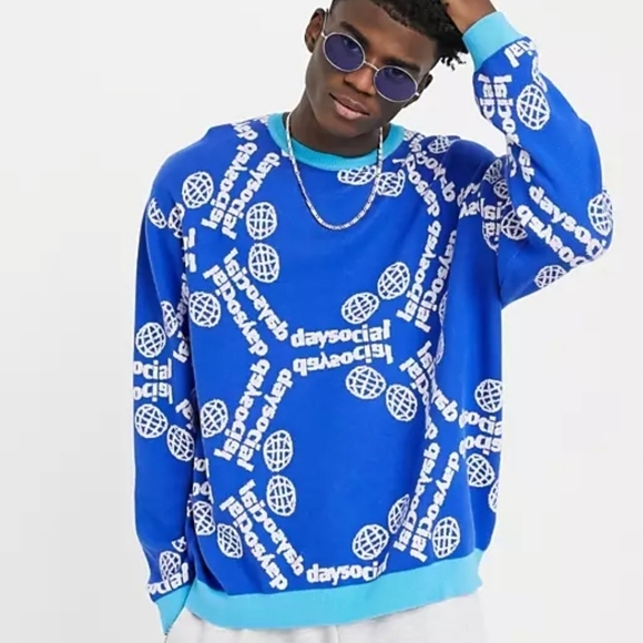 NWOT Asos knit oversized all over day social print sweater - Picture 1 of 7